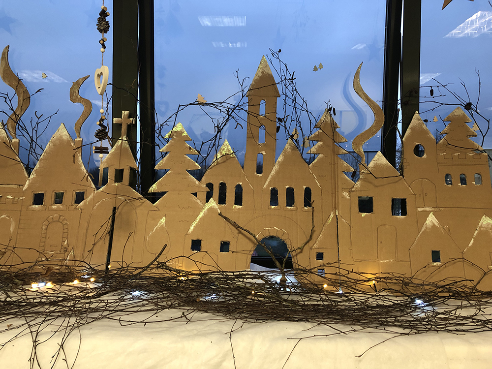 Recycled cardboard Christmas Town Display scene