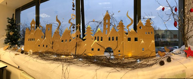 Recycled cardboard Christmas Town Display scene