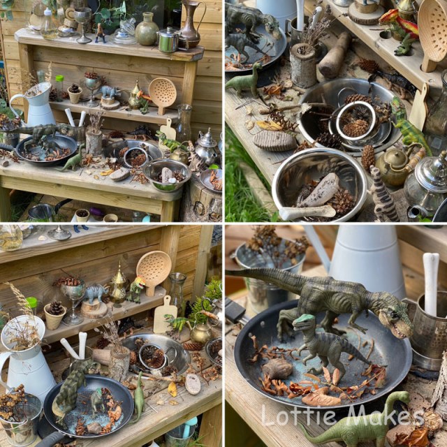 14 Popular Mud Kitchen Activities - dinosaurs in the mud kitchen